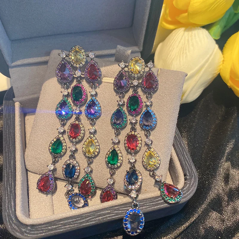 Bohemian jewelry inlaid with colorful zircon long style dinner tassel earrings 2023 stylish earrings 925 Silver Needle