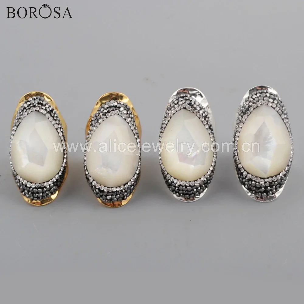 

BOROSA 5PCS Trendy Teardrop Golden/Silver Color Rhinestone Pave Faced Natural White Shell Bang Ring Jewelry for Women Wholesale