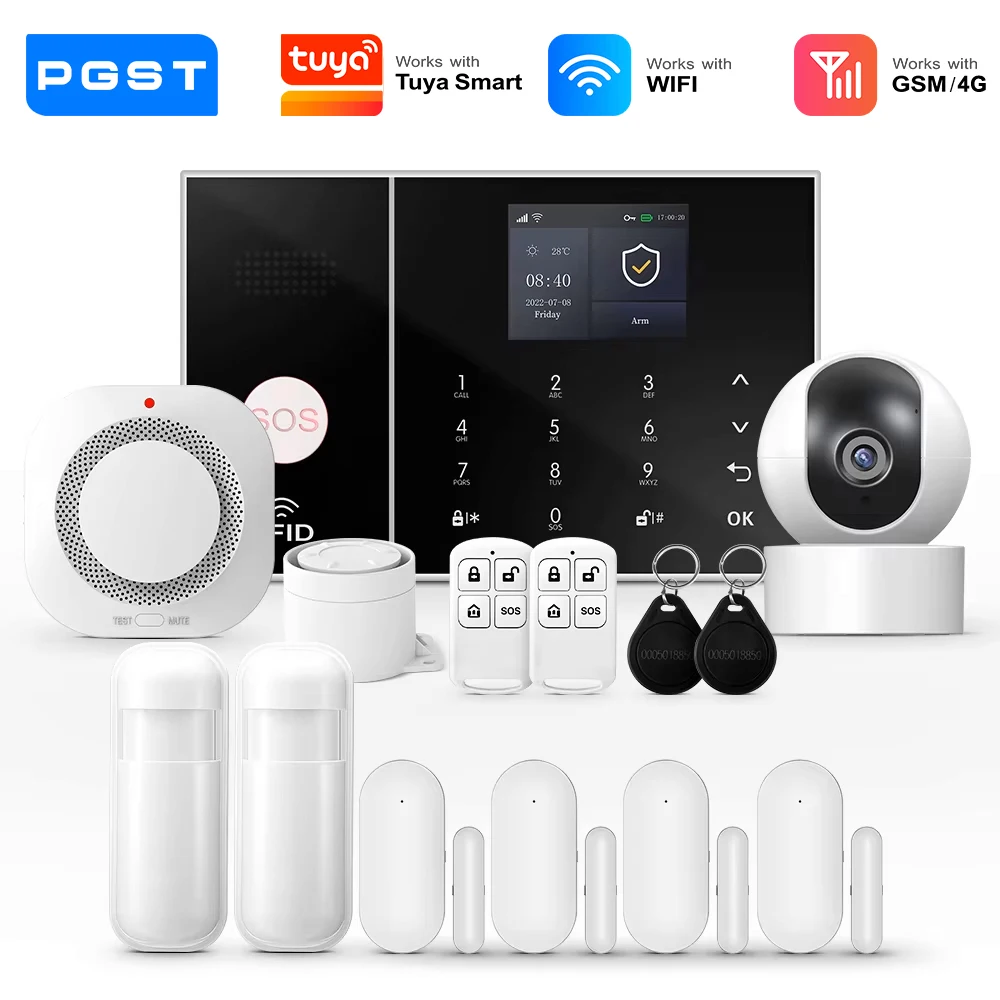 PGST WiFi 4G 2G GSM Home Alarm System Works with Tuya Smart Life Security Protection Alarm Security System Motion Door Sensor