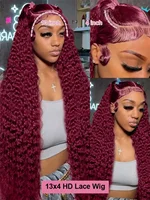 Perruque frontale en dentelle HD 13x4 13x6 de 42-46 pouces, couleur bordeaux 99J, cheveux humains ondulés profonds et bouclés, pour femmes 3