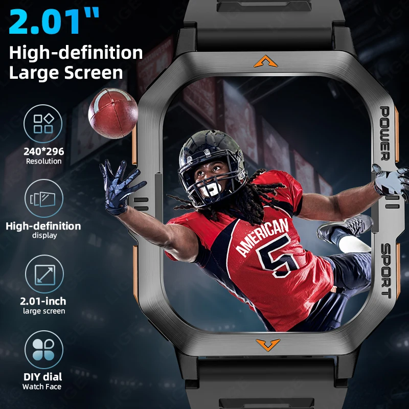 LIGE Smart Watch For Men 2.01” 430mAh Blood Oxygen Bluetooth Call Watch 100+ Sports IP68 Waterproof Smartwatch Man Reloj Hombre