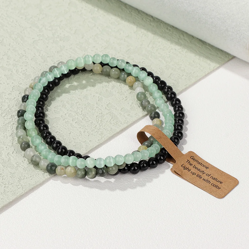 Natural Green Stone Bracelet 3Pcs/set 4mm Moss Agates Black Onyx Cat Eye Beads Elastic Bracelets For Women Men Simple Jewelry