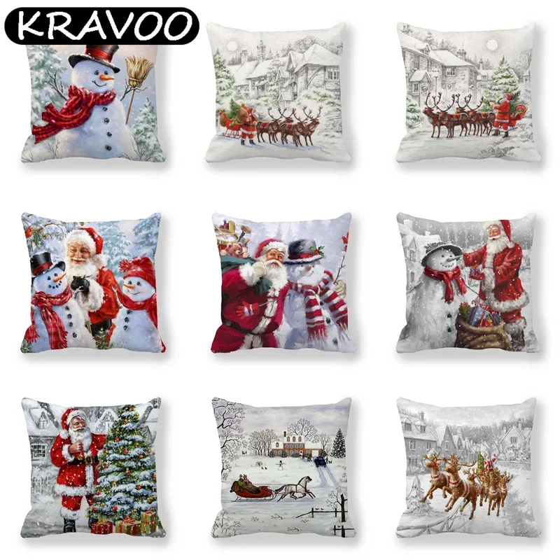 

Happy New Year Christmas Decorations for Home Santa Claus Snowman Elk Style Cushion Cover for Sofa Car Seat 45x45cm funda cojín