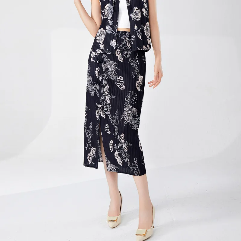 

COZOK New Chinese Style Retro Print Trend Summer 2024 New Women's Half Skirt Temperament High Waisted Pleated Split WT6075