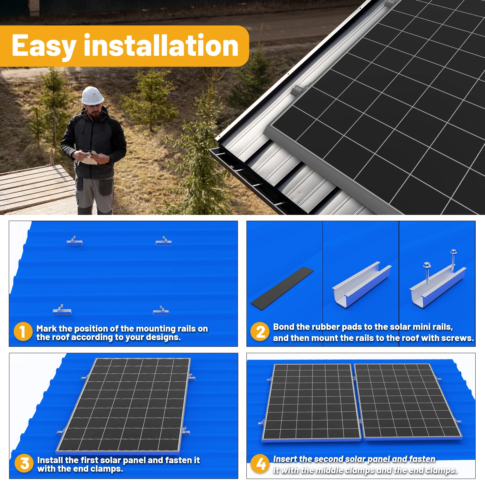 Solar Panel Mount Bracket Kit with 4.72IN/120mm Mini Rails Middle Clamps End Clamps and Rubber Pads for Shingle Slate Wood