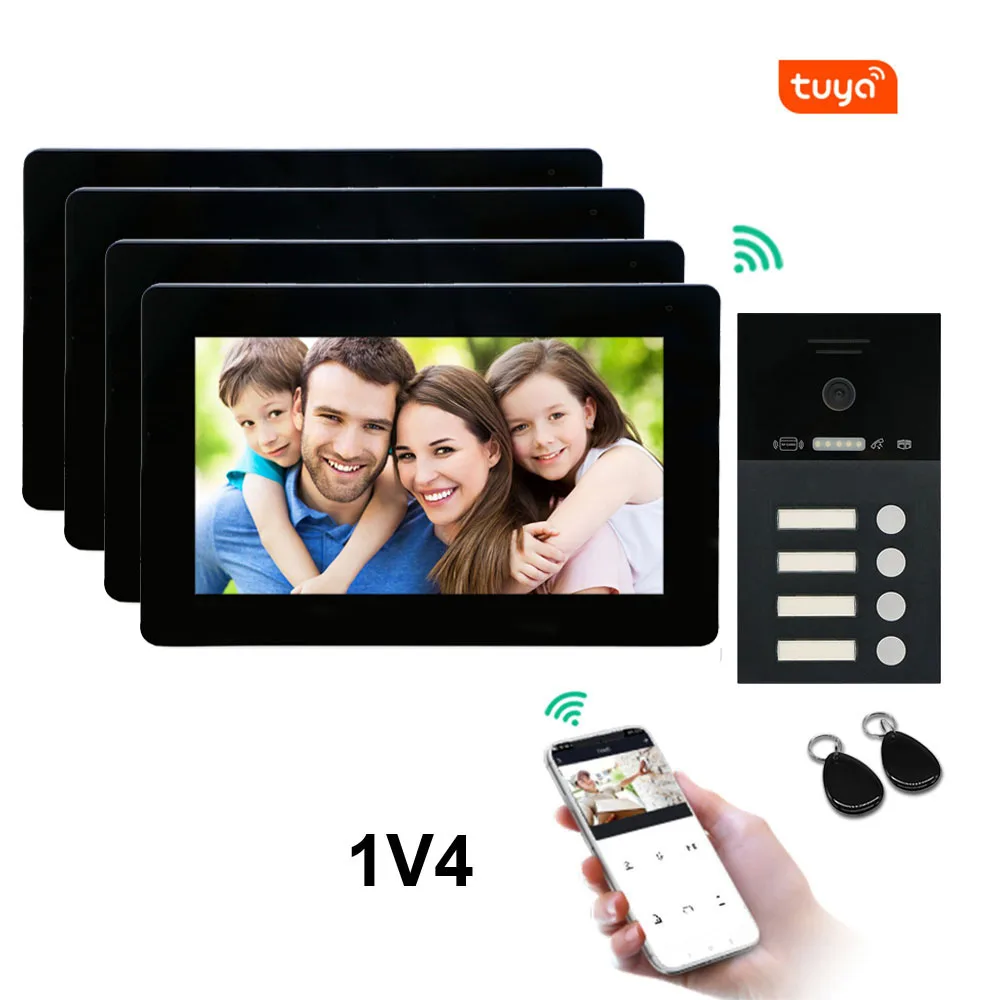 

7 Inch WiFi Video Intercom Home Touch Screen TUYA Smart Life Video Door Phone System Doorbell with IC Card Unlock Waterproof 1V4