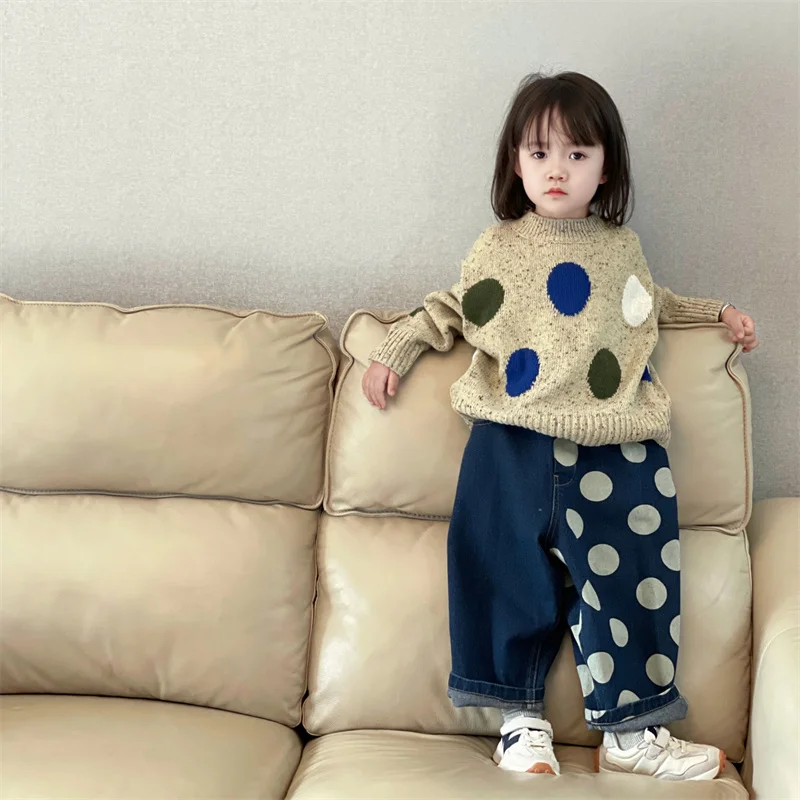 

Свитер для девочек, шерстяное пальто, детские топы, вязаные утепленные теплые зимние осенние хлопковые кофты в горошек 2023, детская одежда высокого качества