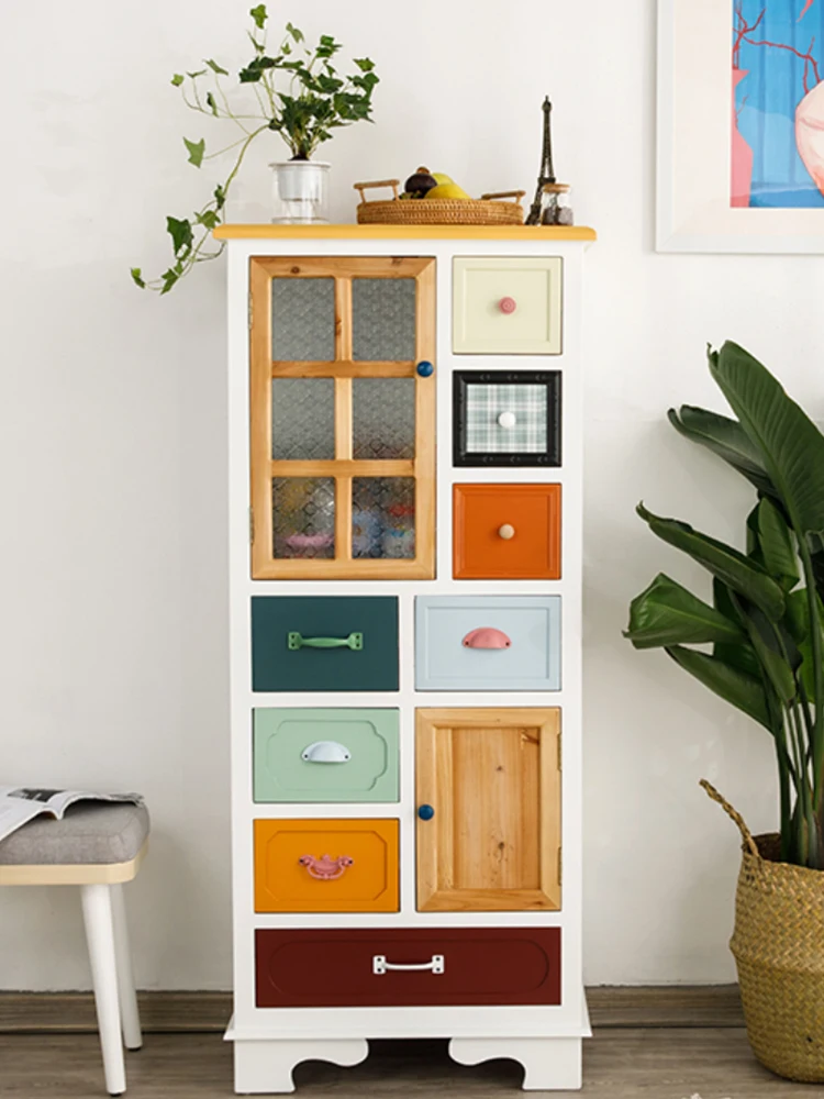 

American style country solid wood dining side chest of drawers, wine cabinet, Nordic living room, high cabinet, Mediterranean,