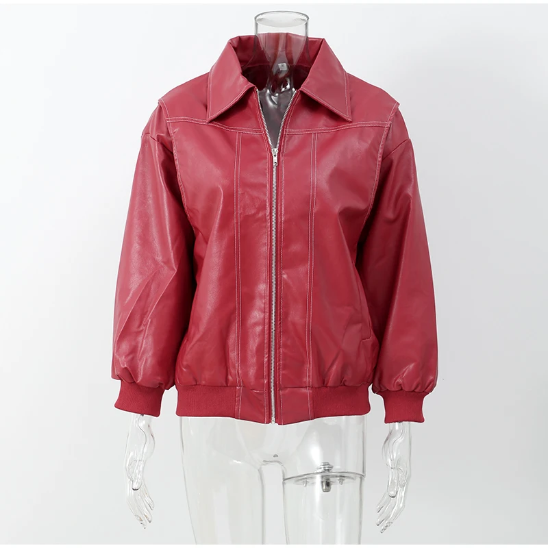 Vintage Solid Lapel Collar Zipper Women's Leather Jacket Casual Fashion Lapel Long Sleeve Coat 2024 Autumn Winter Outwear Tops