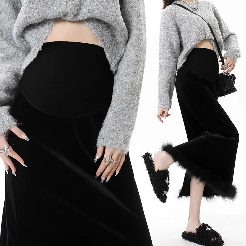 Autumn Winter Maternity Black Skirts Back Split Fur Hem Patchwork Pregnant Woman Straight Skirt Length 90cm