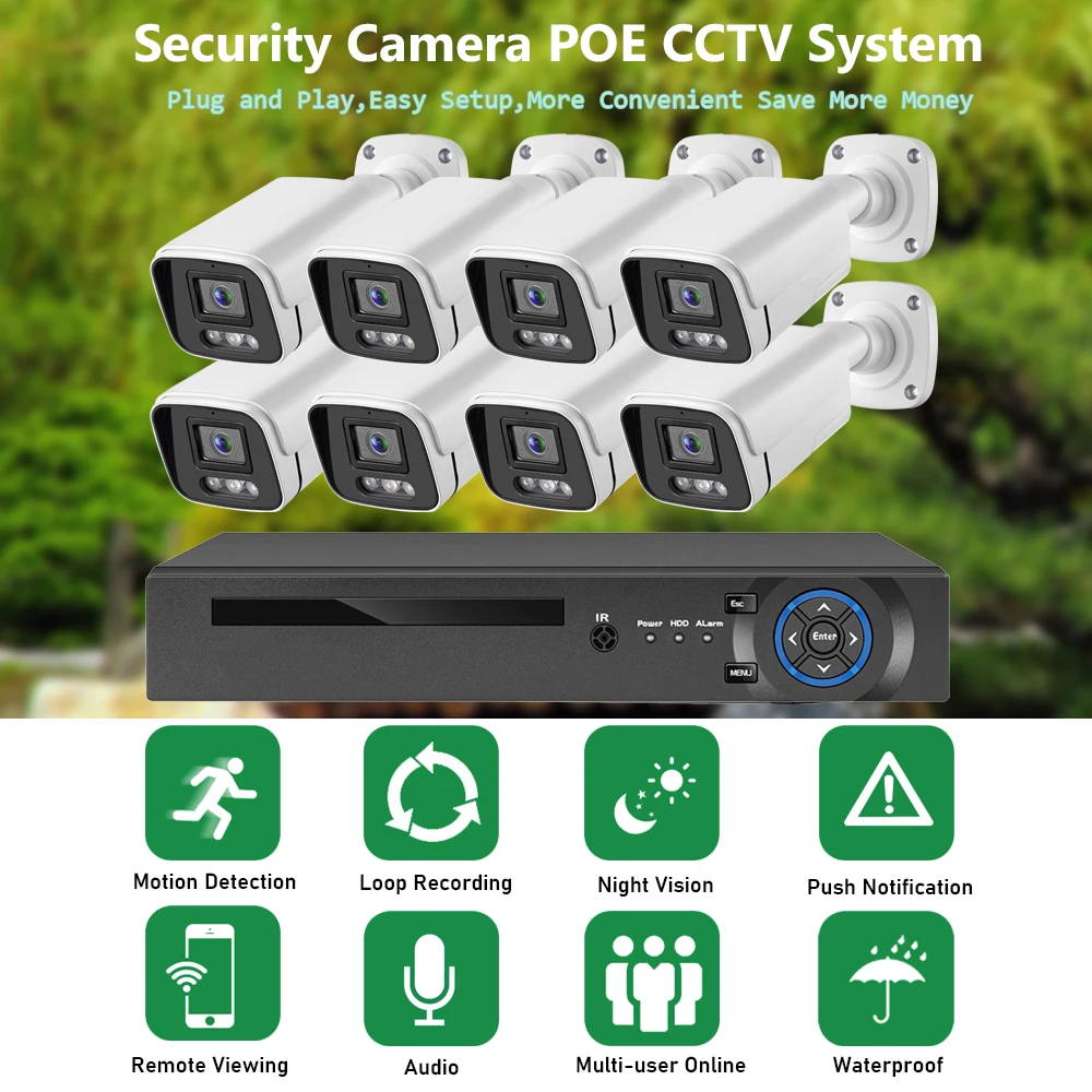 Gadinan 8CH 4CH 8MP 4K POE Security Camera System NVR Kit CCTV Outdoor Audio IP Camera H.265 P2P Video Surveillance Set XMEye 2