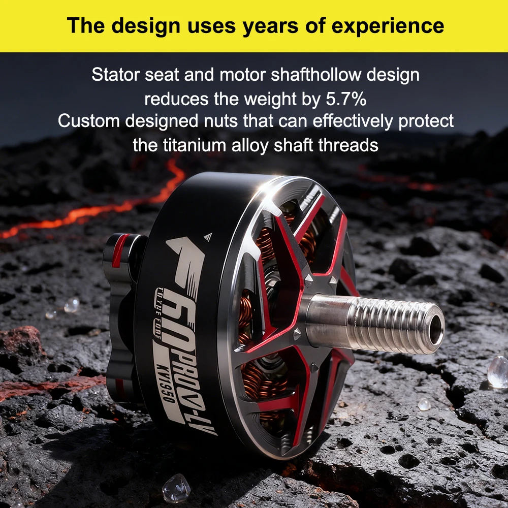 Moteur T-Motor F60 PRO V-LV 1950KV monté sur un drone 5 pouces, prêt pour le vol en course ou crossover.
