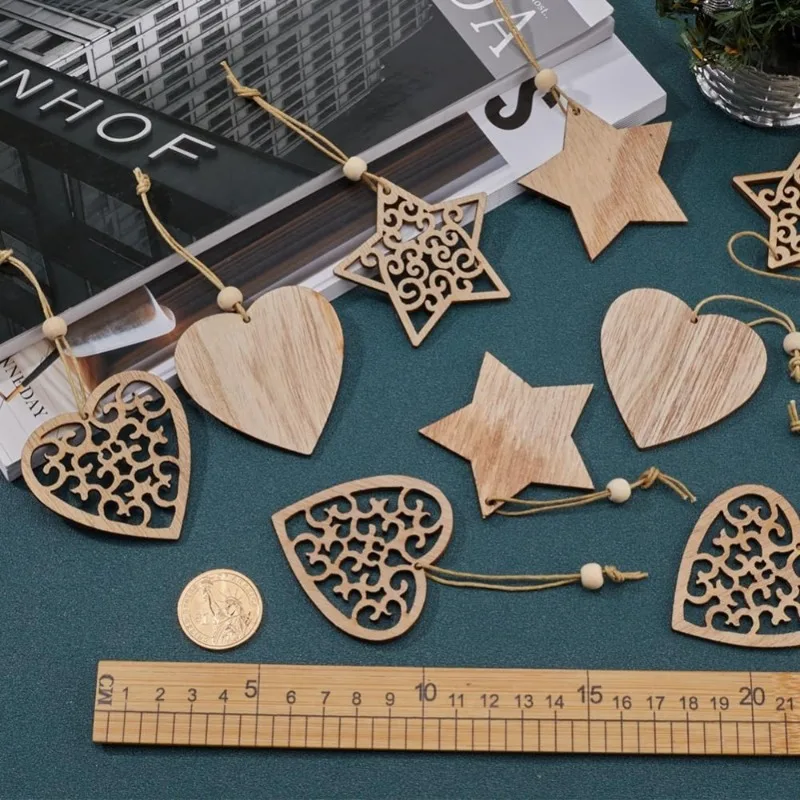 Elegant Wooden Christmas Ornaments Collection with Snowflake and Heart Designs for Home Tree Decor Festive Party Supplies,