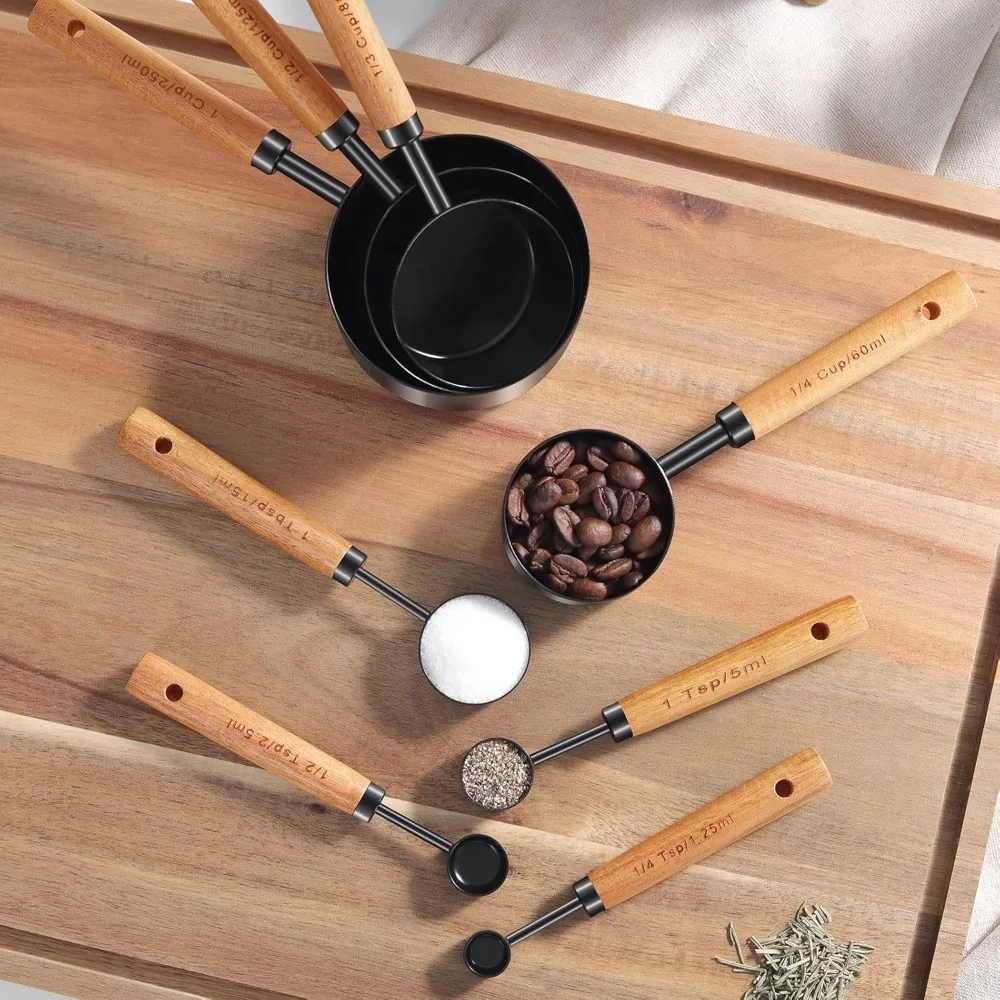Measuring Cup and Spoon Set 8 Piece Stainless Steel with Wooden Handle Baking Coffee Tools