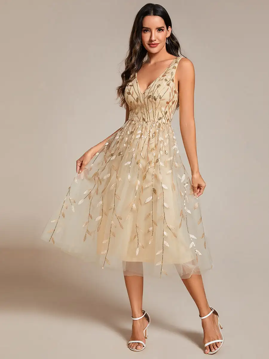 Elegant Evening Dresses V-Neck Sleeveless Hidden zipper Midi Length 2024 BAZIIINGAAA of Gold Sequin Wedding Guest Dress