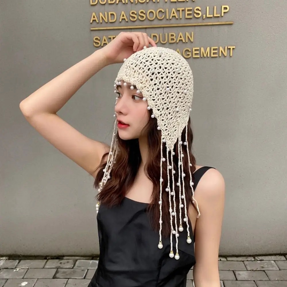 Crochet Flower Hollow Pearl Tassels Knitted Hat Beanies Weave Cap Knit Cap Hollow Out Korean Ethnic Style Hat 4