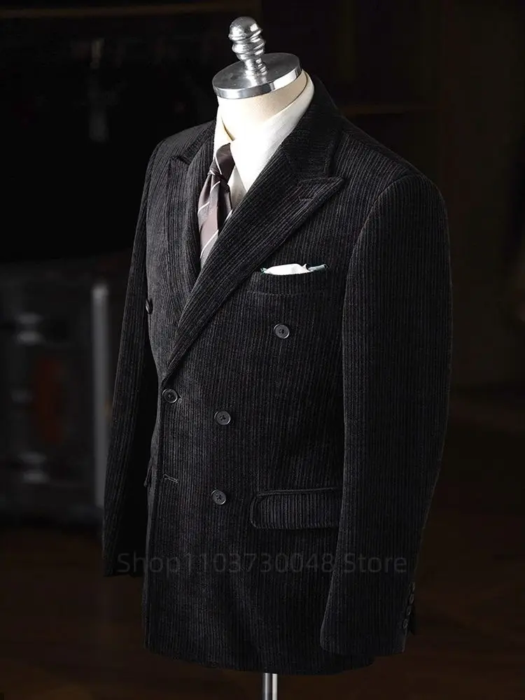 Formal Men's Black Wick Cotton Slim Fit Suit Blazer Business Work Coat Peak Lapel Autumn Winter Casual Fashion Outwear for Men