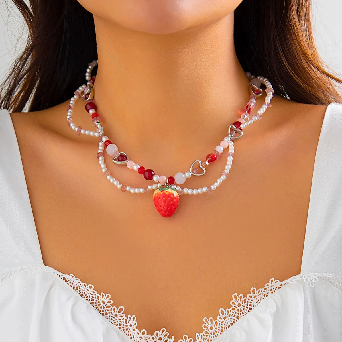 S9042fcb119124020b32594895b73ce2fG Sweet Imitation Pearl Strawberry Pendant Choker Necklace for Women Korean Fashion Love Heart Beaded Clavicle Chain Y2K Jewelry Mallzona