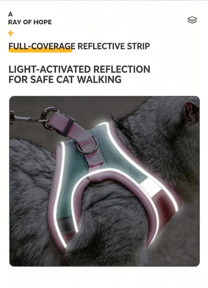 Cute Vest Cat Harness Leash Set Escape Proof Adjustable Reflective Buckle For Kitten_voghion.com