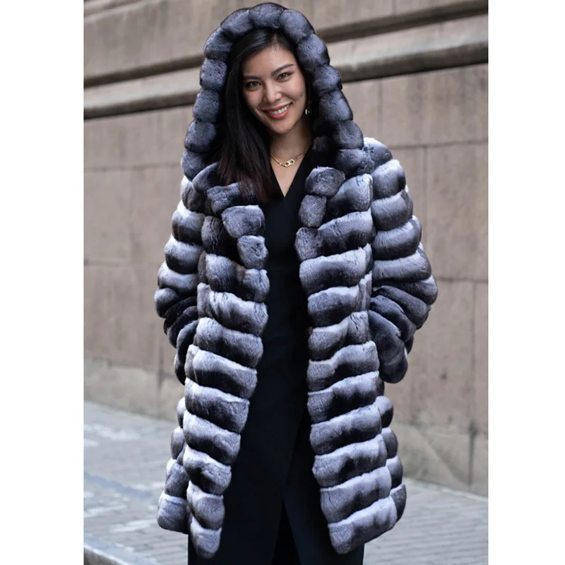 

Winter Thick Warm Hooded Mid-Length Faux Fur Coat Women Fluffy Jacket Striped Luxurious Branded Fur Coat Long Sleeve Mink Coats