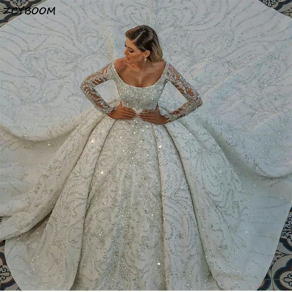 Abiti da Sposa di Lusso Personalizzati con Cristalli e Perline 2026, Stile Arabo Dubai, Abito da Ballo con Paillettes Scintillanti, Vestiti da Sposa