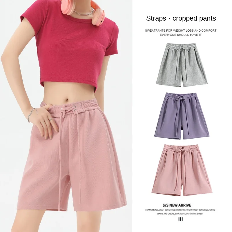 

2023 New American High-Waist Short Pants Women Summer Straight Wide-Leg Trousers with Drape Casual Sports Capris Running Pants