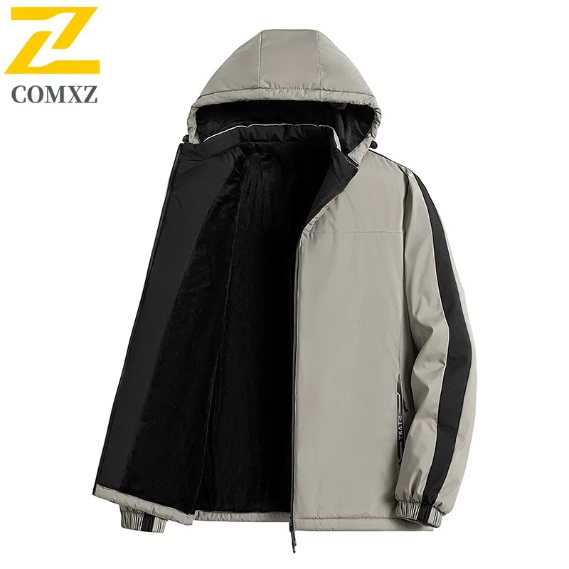 Men Colorblock Jacket Fleece Lined Winter Windproof Coat Thickened Cotton Padded Parka Cold Weather Outdoor Workwear Streetwear