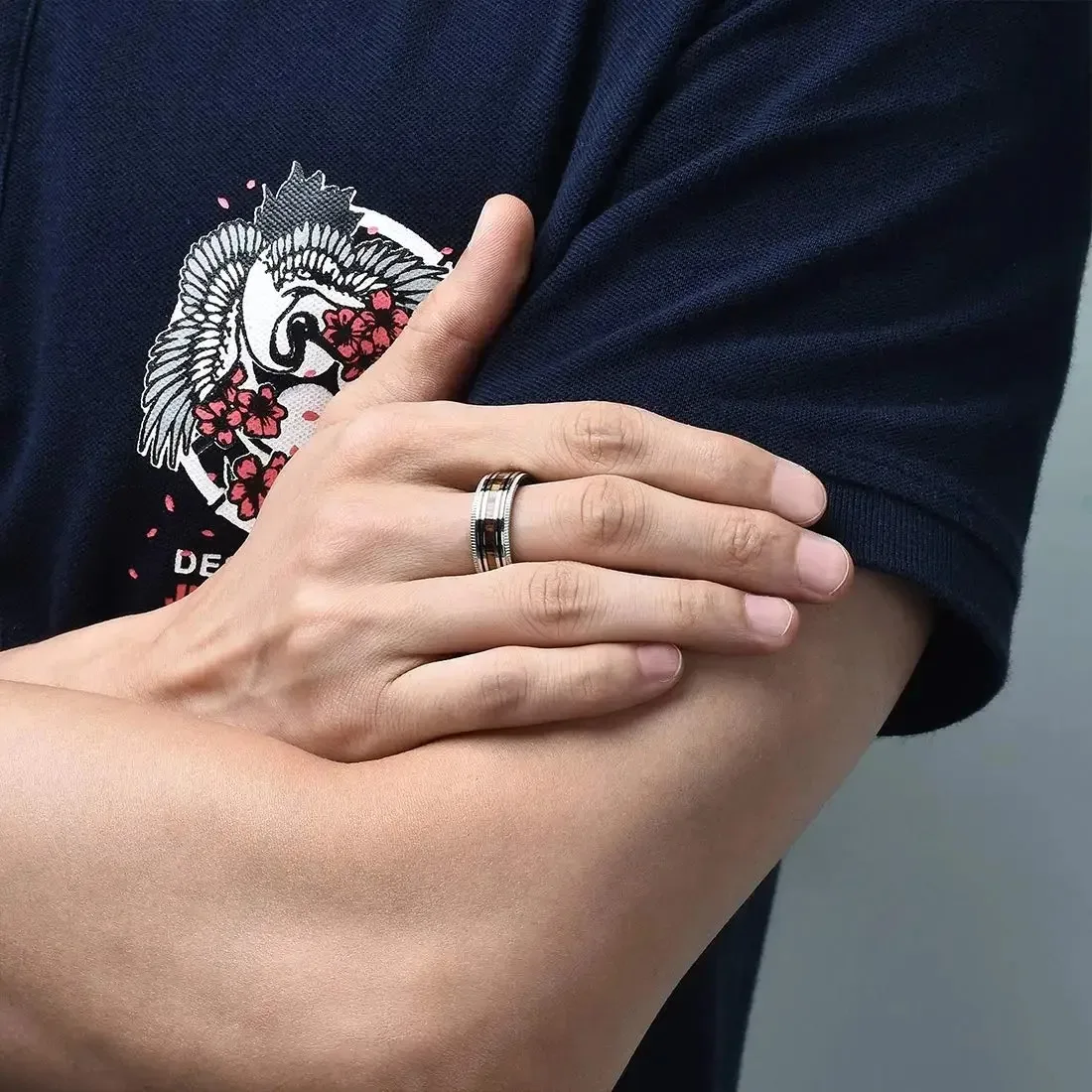 Fashion Silver Color Men Stainless Steel Koa Wood Rings Sawtooth Edge Engagement Rings For Men Women Wedding Party Jewelry Gifts