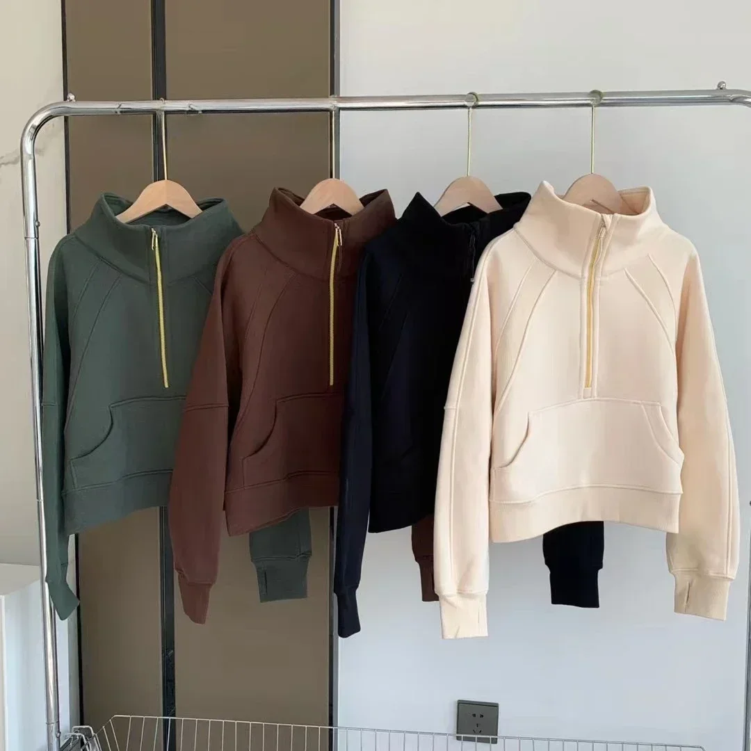 Lemon Scuba Autumn and Winter Women Half Zipper Thickened Thermal Insulation Sports Coat Gym Outdoor Sports Stand Collar Jacket