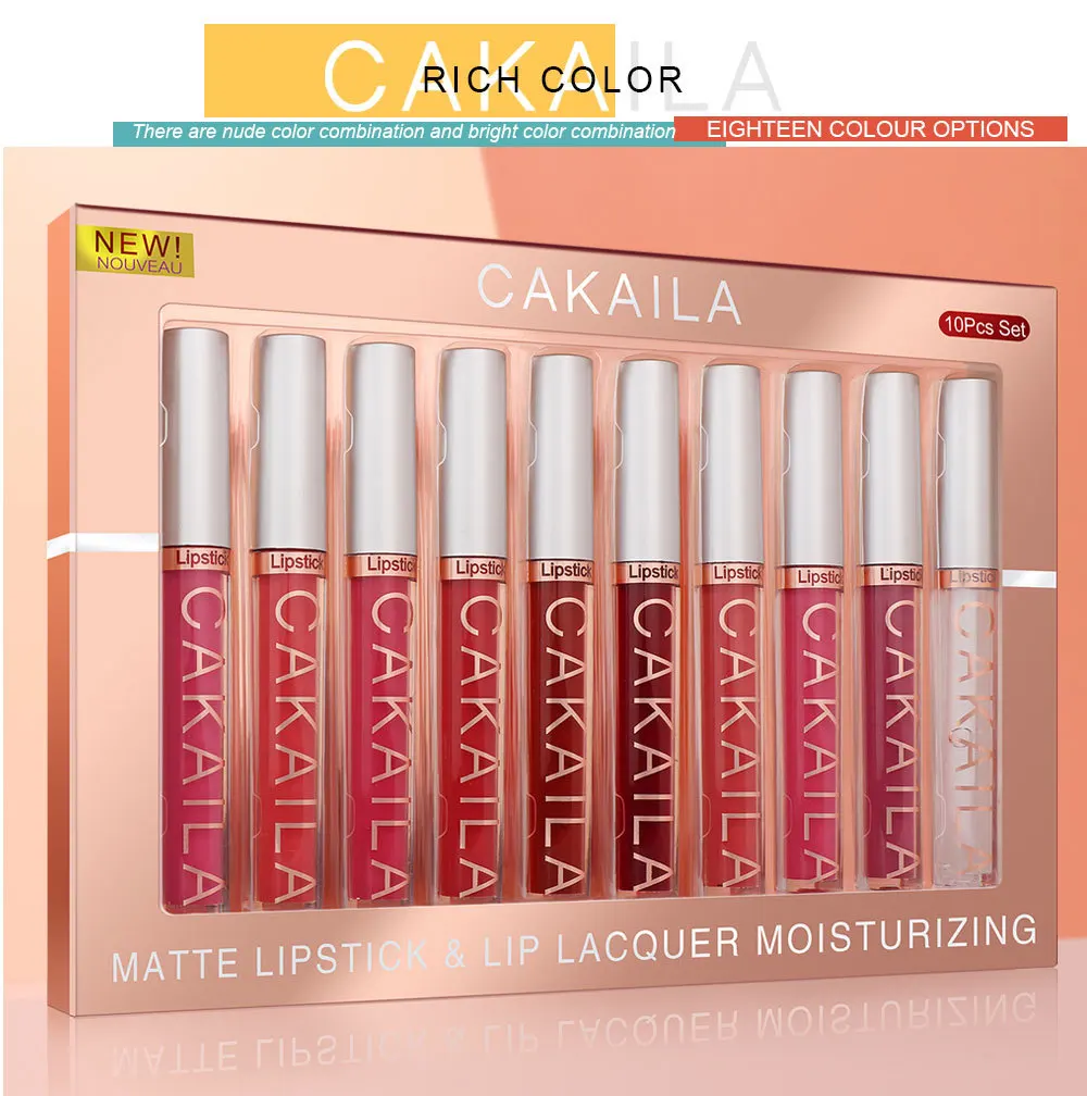 CAKAILA 10Pcs/Set Pro 24HR Weightless Colour Matte Nude Velvet Liquid Rich Matte Finish Lipstick Lipgloss Waterproof Lip Makeup