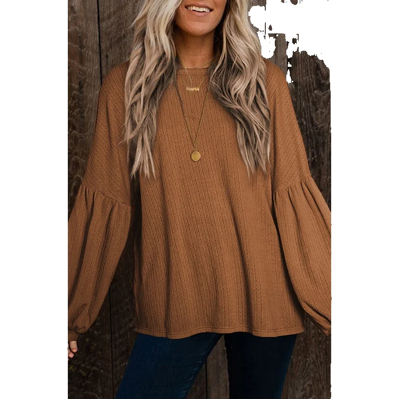 

Loose And Casual, Versatile Jacquard Solid Color Knit Shirt For In Early Autumn, New Round Neck Bubble Sleeve Top
