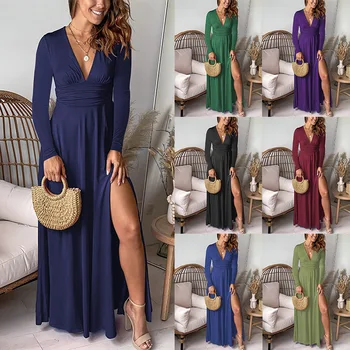 2026 Deep V-neck Long-sleeve High-waist Slit Evening Dress Solid Color Dress