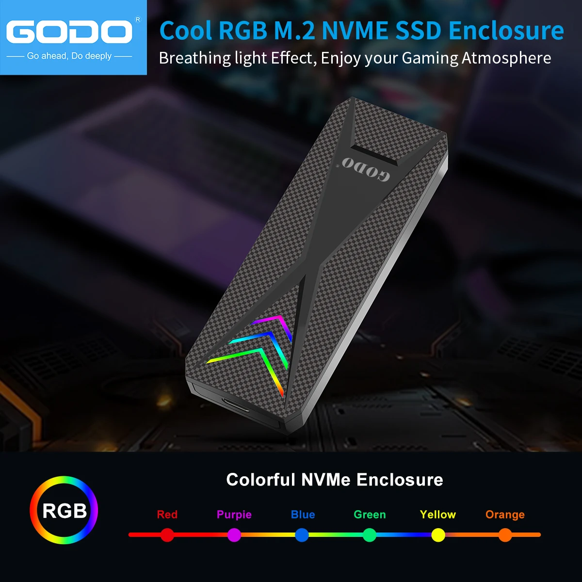 GODO RGB M.2 PCIe NVMe SSD External Enclosure Portable USB C to M.2 Nvme Sata Adapter Tool Free 10Gbps USB C 3.1 external hard drive case ssd enclosure hard drive enclosure hard disk case external hard drive box hdd case enclosure hard drive adapter ssd adapter
