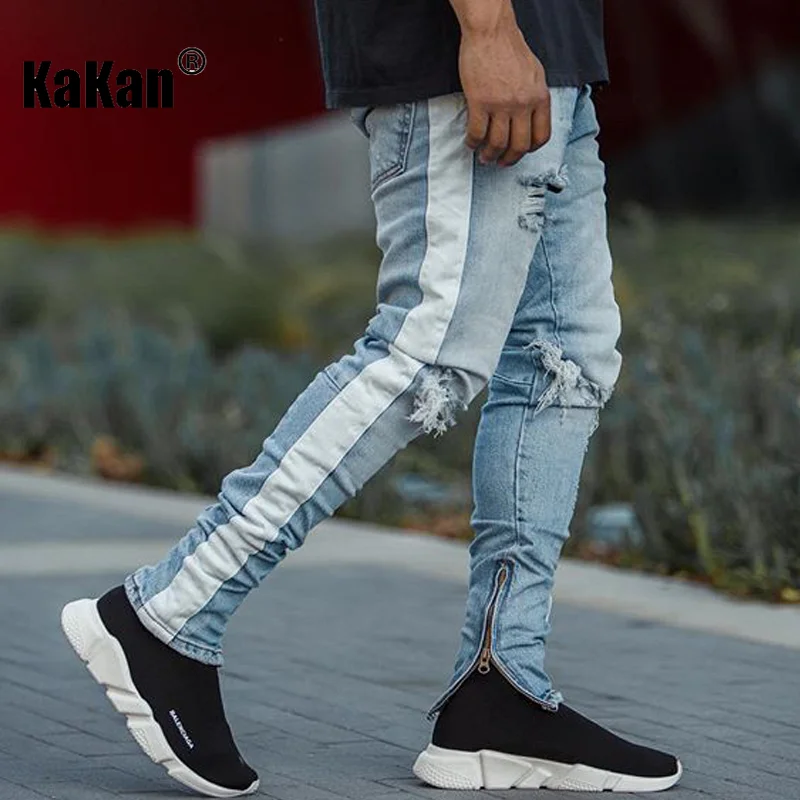 Kakan - Europe and America's New Torn Cut Striped Zippered Jeans for Men, Slim Fitting Men's Small Leg Long Jeans K49-2205