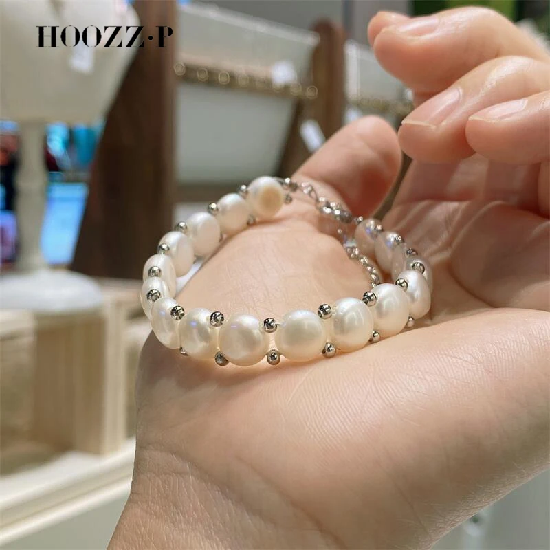 

HOOZZ.P Baroque Pearl Bracelet AA 8-9mm Natural Freshwater White Big Pearl Adjustable Chain Link Women Jewelry Elegant Wholesale