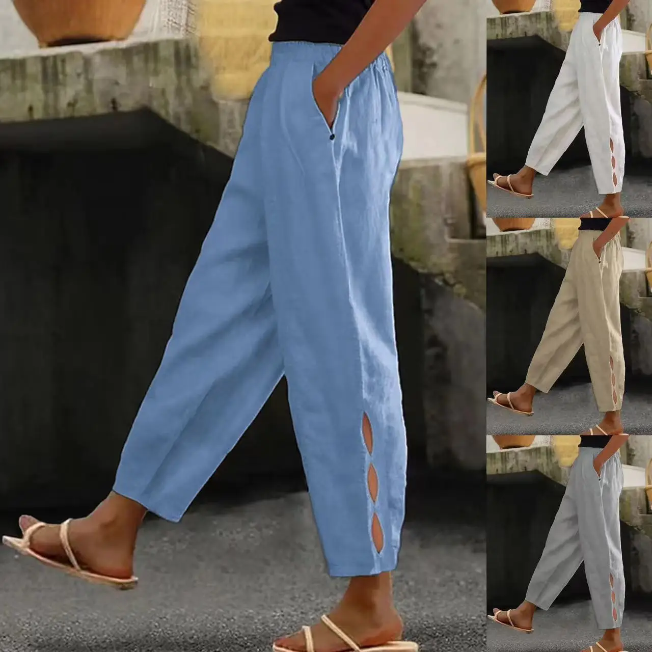 Women Fashion Embroidered Lace Trousers Vintage Lace-Up Pockets Pants Summer Elegant Loose Elastic Waist Long Pants Streetwears