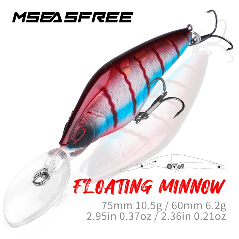 

MSEASFREE Minnow Lure Floating Wobblers 75mm 10.5g / 60mm 6.2g Rattle Bass Pike Fishing Lure Artificial Bait Freshwater Propbait