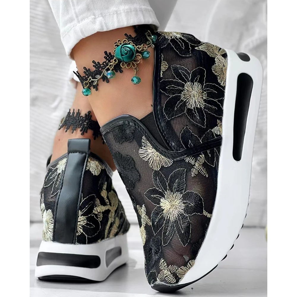Women Going Out Floral Pattern Round Toe Mesh Sneakers Spring Fashion Casual Round Toe Platform Slip-on Shoes Flats Canvas