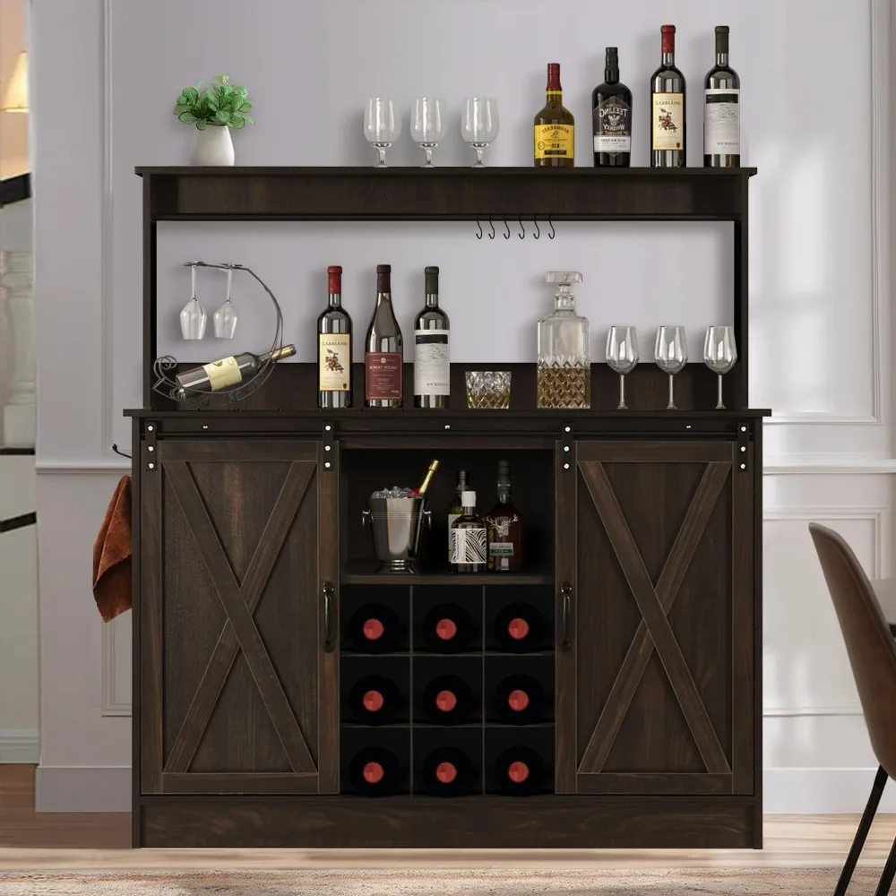 Farmhouse Coffee Bar Cabinet with 6 Hooks, 47&rdquo; Liquor Wine Bar Cabinet with 9 Wine Racks, Kitchen Buffet Storage