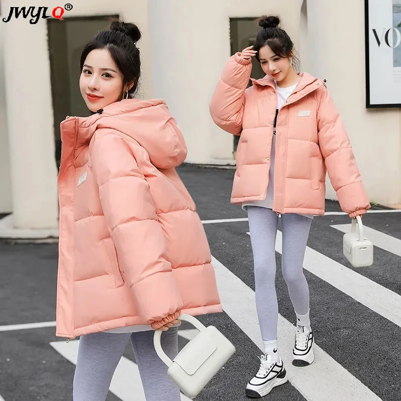 

2023 Solid Color Thick Warm Hooded Down Cotton Jacket Women Classic Simple Streetwear Loose Women Coats Winter Oversized Outwear