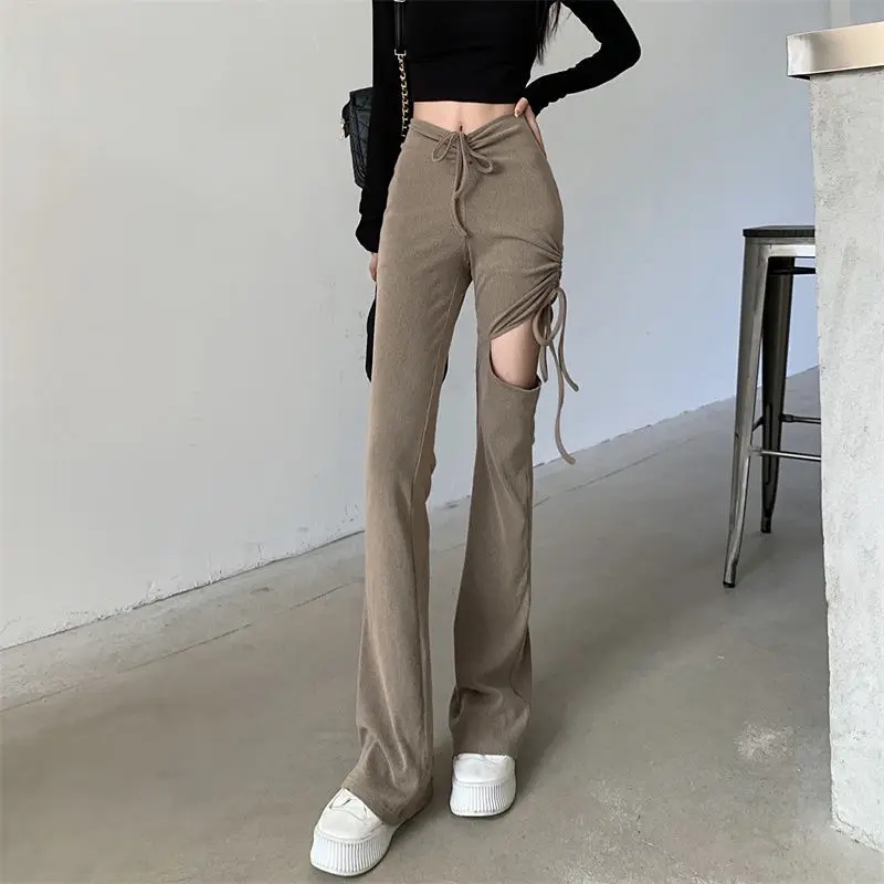 Feiernan Solid Grace Women Flare Pants Black Hollow Out Straight Trousers Khaki Causal Drawstring High Waist Full Length Bottoms black cargo pants