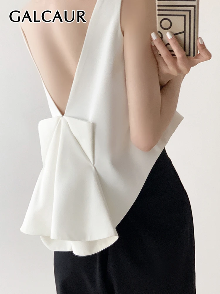 

GALCAUR Backless Vest For Women Round Neck Sleeveless Patchwork Bowknot Solid Minimalist Summer Tank Tops Female Clothes Fashion