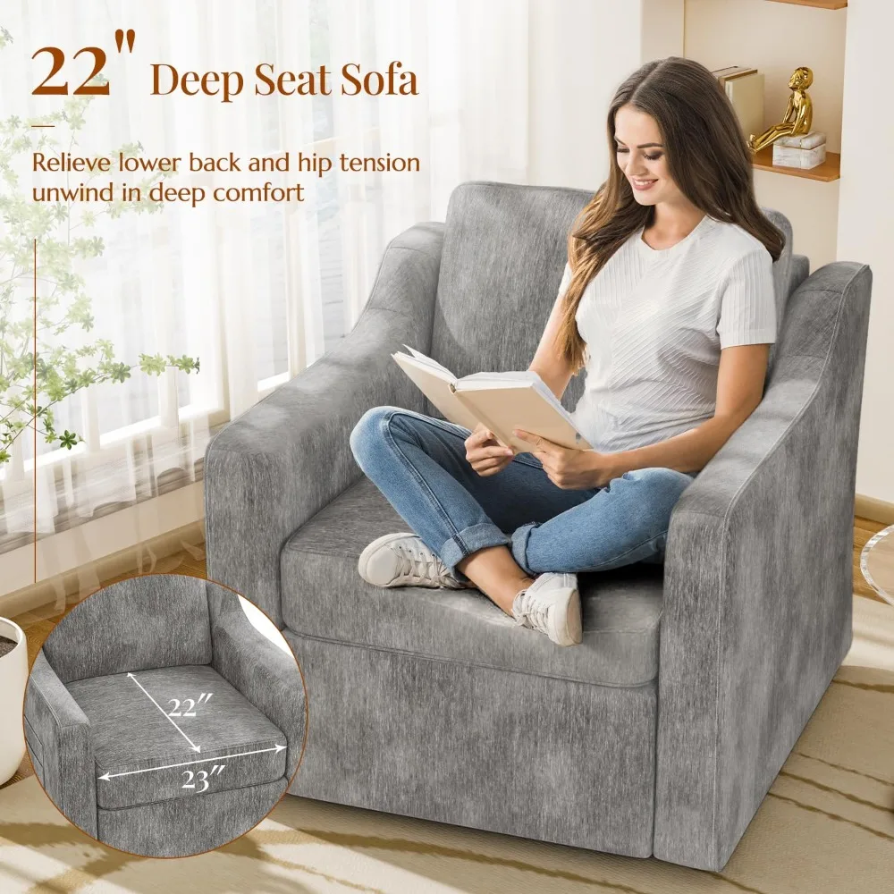 360° Swivel Accent Chair, Large Comfy Reading Armchair for Living Room Bedroom, Grey Upholstered Sofa