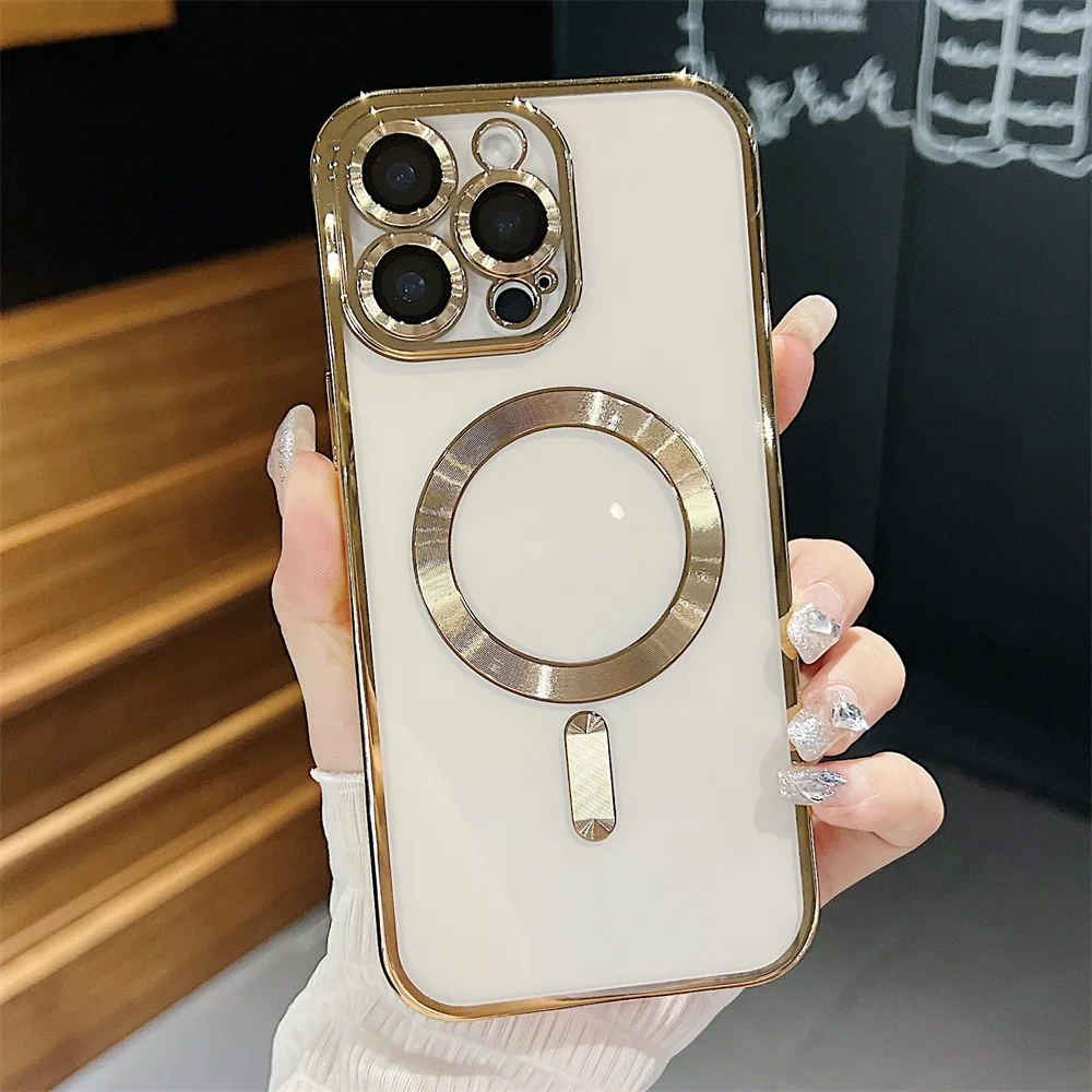 Pour étui transparent Magsafe pour iPhone 11 12 13 14 15 16 Pro Max Plus 12 13 Mini avec film d'objectif en verre, coque souple antichoc_voghion.com