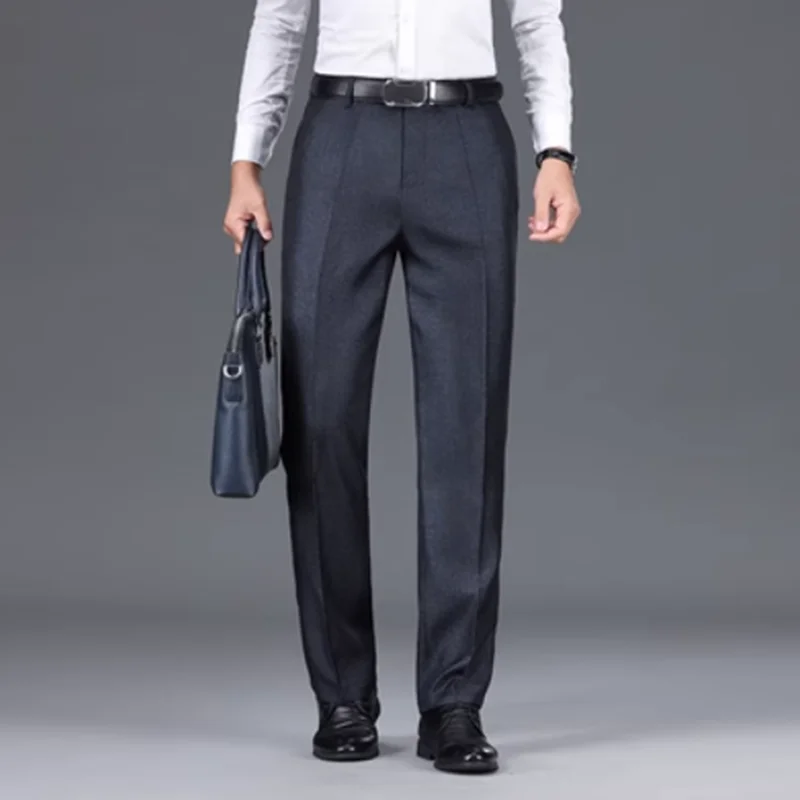 Men Business Casual Suit Pants Solid High Waist Straight Office Formal Trousers Classic Style Long Pants