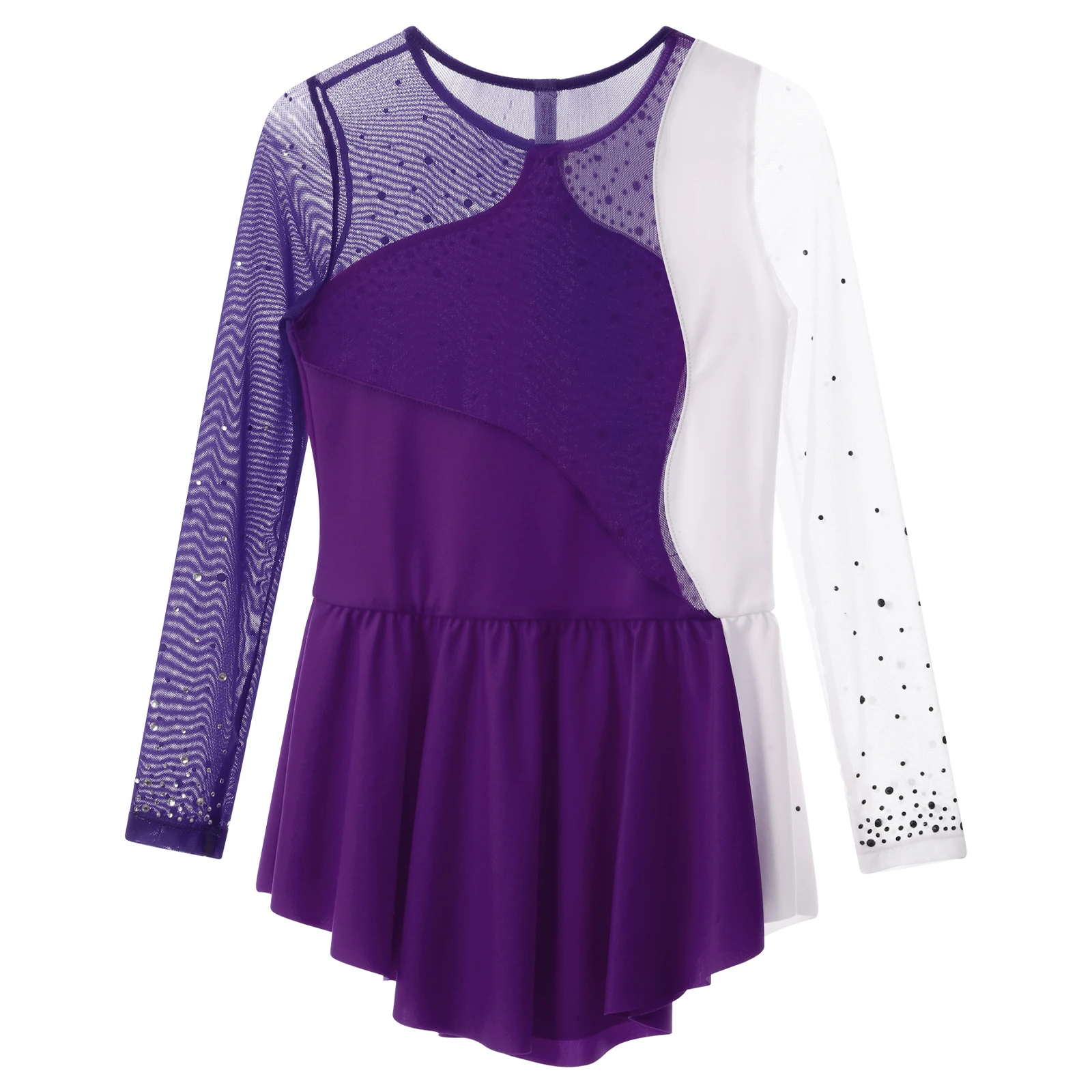 Girls Sparkling Rhinestone Figure Skating and Dance Dress with Sheer Mesh Sleeves