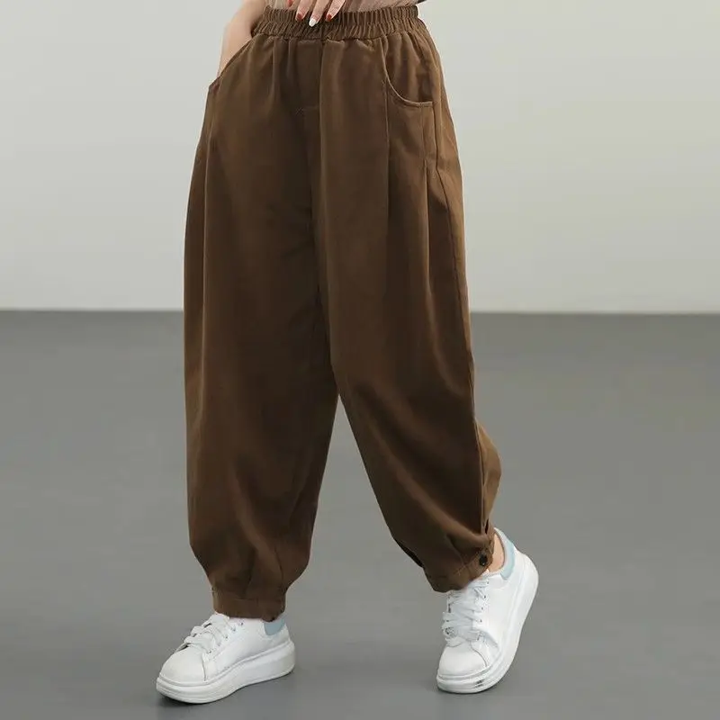 2023 Spring and Autumn Fashion Trend Solid Color Simple Elastic Waist Pocket Loose Leisure Oversized Versatile Hoop Carrot Pants