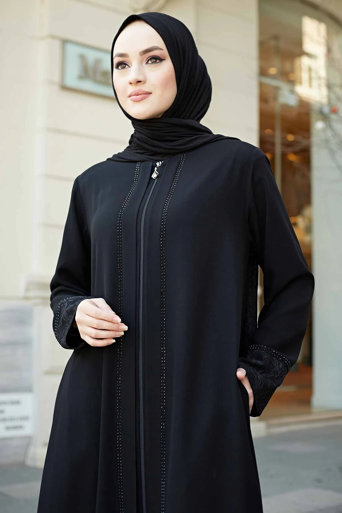 Lace Detail Ferace OC-Black
