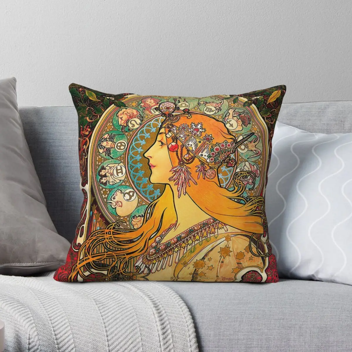 

Alphonse Mucha Zodiac 1896 Square Pillowcase Polyester Linen Velvet Pattern Zip Decor Throw Pillow Case Sofa Cushion Cover 18"