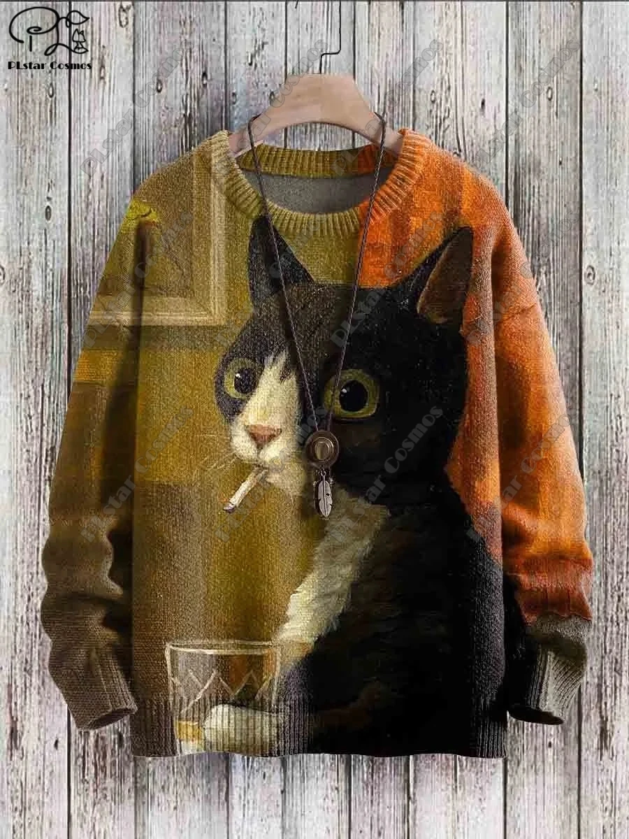 PLstar Cosmos New 3D printed animal series cat pattern ugly sweater street casual winter sweater M-1